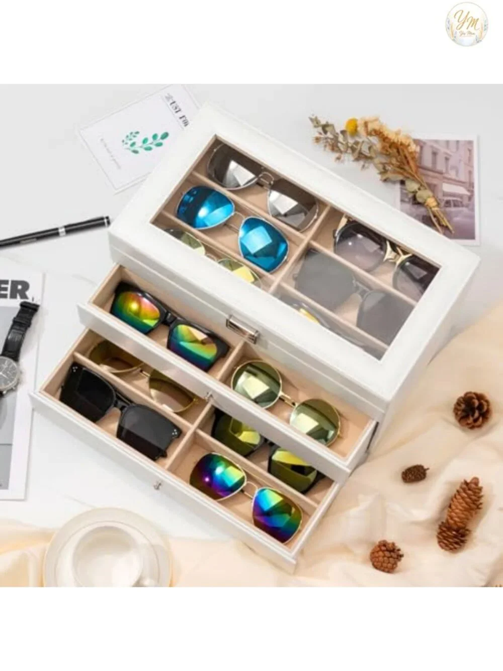 18-Slot Sunglass Storage Organizer with Removable Drawers, PU Leather Box Case